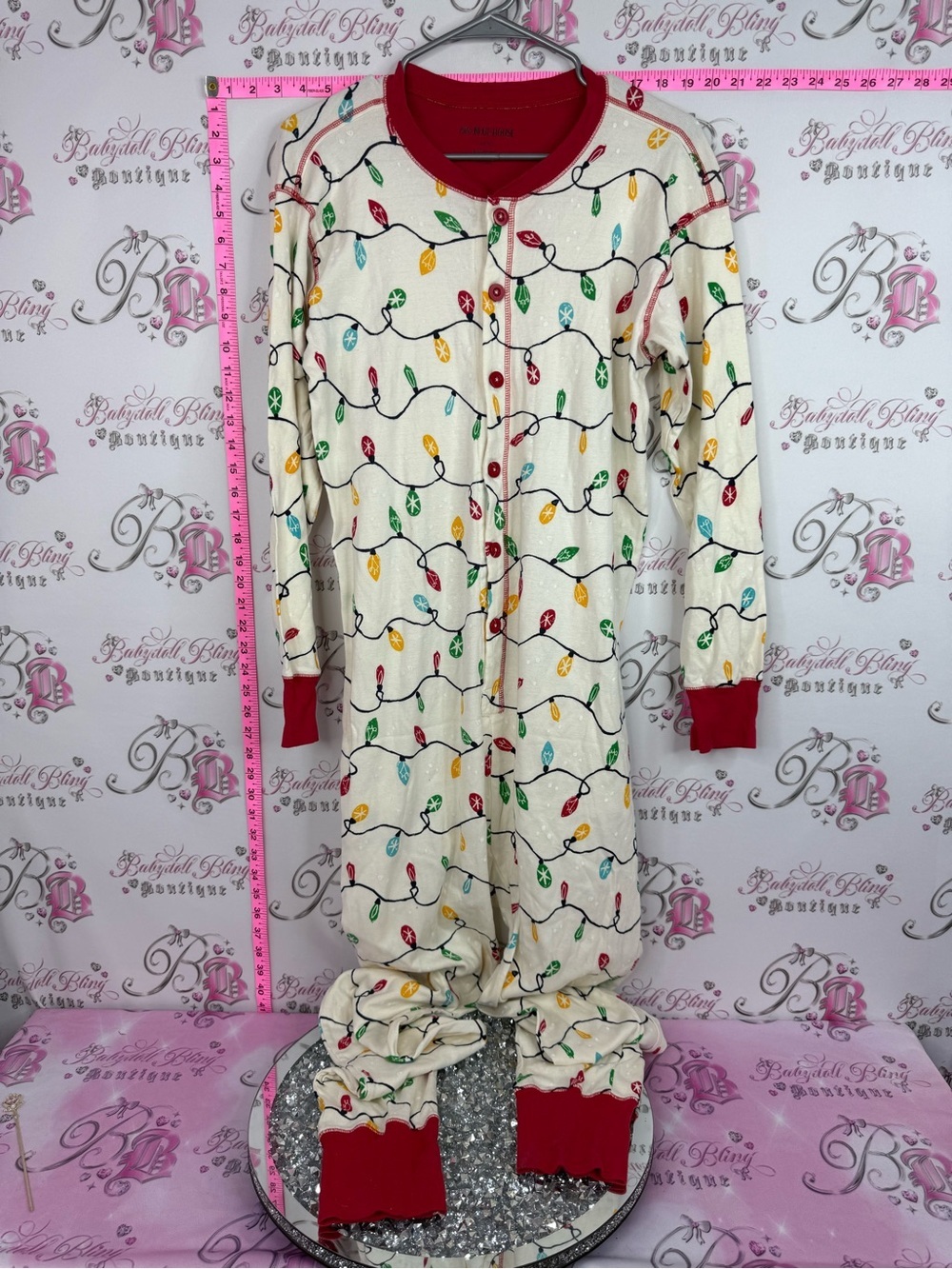 Little blue house onesie Holiday Light-Print One-Piece Pajama - Cream Red Trim
